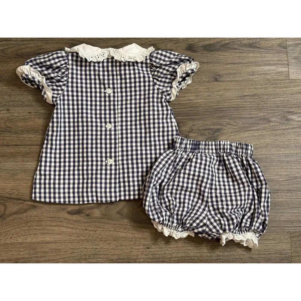 Baby Girl Pumpkin Bloomer Set 12M Navy Gingham Smocked Cottagecore Fall